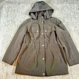 FOG by London Fog Women’s Hooded Rain Coat L Black Plaid Lined Water Resistant